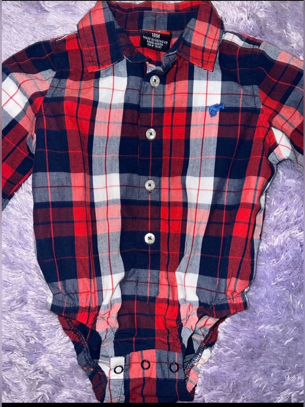 Cat & Jack Red Navy White Plaid Button-Up Onesie with Dark Denim Jeans 18M